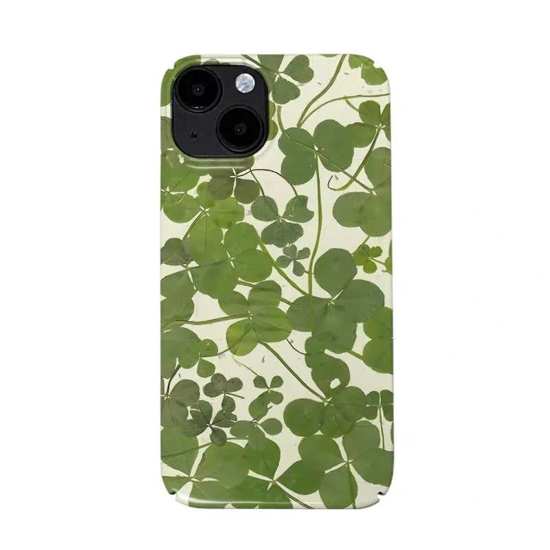 INS Korean Fresh Green Clover iPhone Case – Acrylic Protective Cover for iPhone 17 / 16 Pro Max / 15 / 14 Plus / 13 / 12 / 11 / Max / Mini