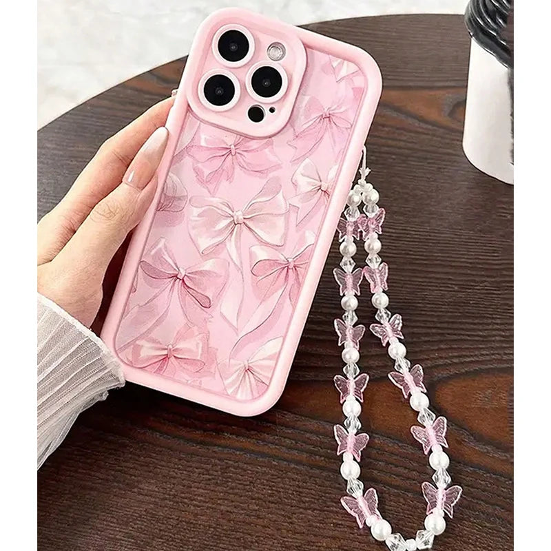 Pink Bow Pattern Silicone Phone Case for iPhone 17/16 Pro Max/15/14/13 – Cute Butterfly Charm Cover