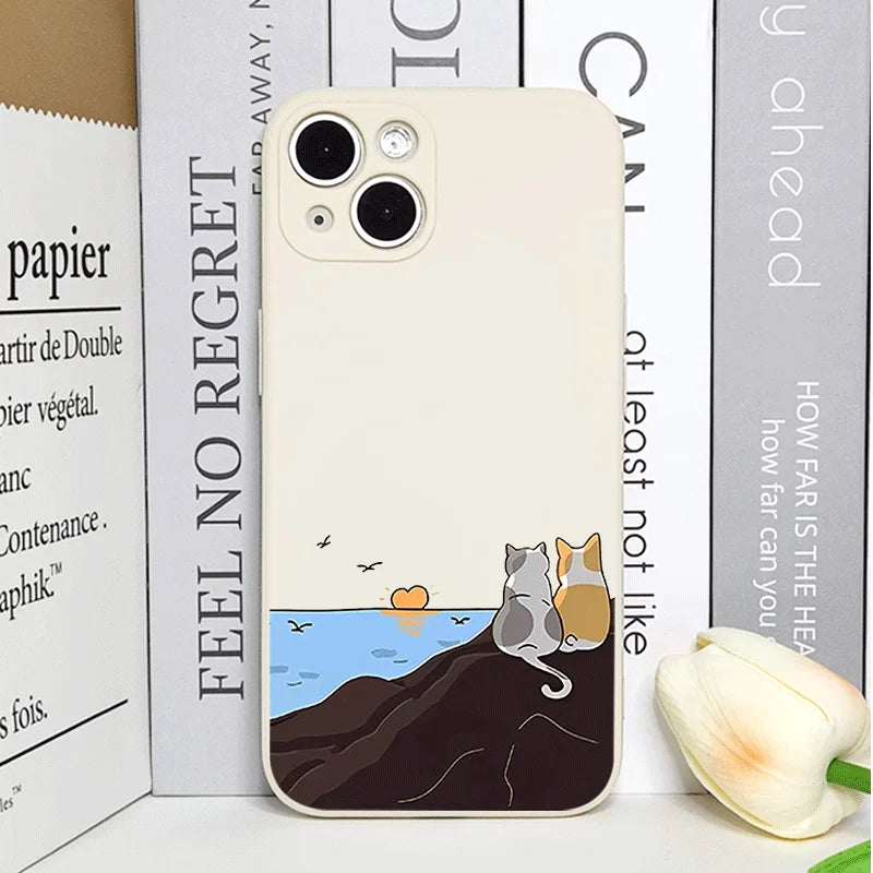Cartoon Cat & Dog Couple Phone Case – Shockproof Non-Slip Cover for iPhone 16 / 15 / 14 Pro Max / Mini / Plus / 16E