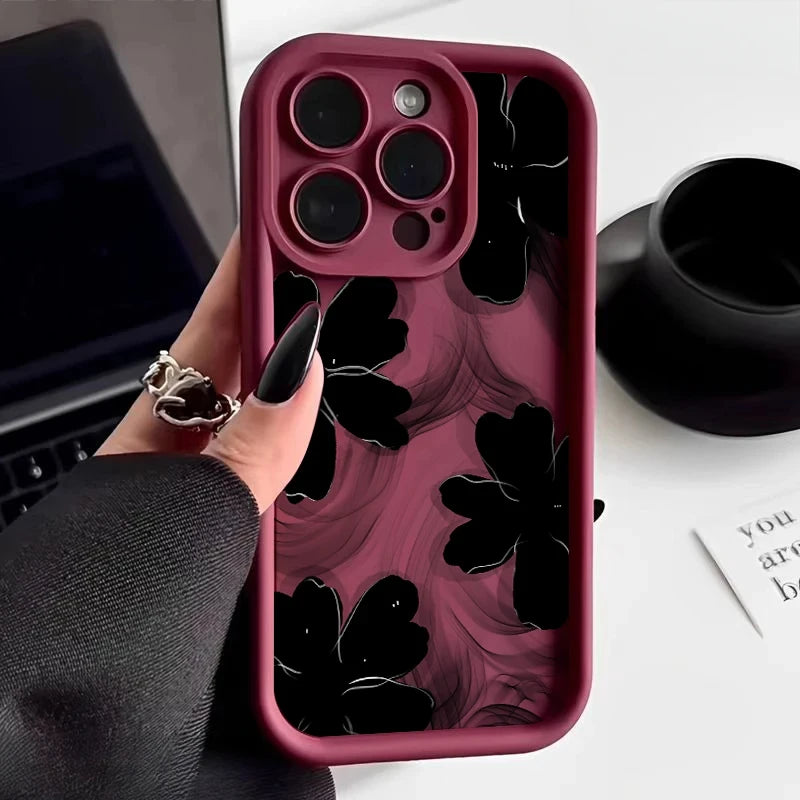 Black Rose Floral Painted Silicone Phone Case – Shockproof Softshell for iPhone 16 / 16E / 15 / 14 Pro Max / 16 Plus