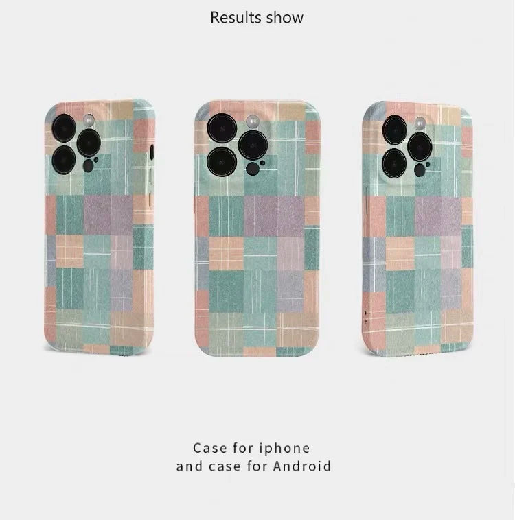 Mint Green Orange Patchwork Grid Case – iPhone 17 Air / 16E / 15 Pro Max / 14 Plus / 13 / 12 Mini / 11 / 16 Plus