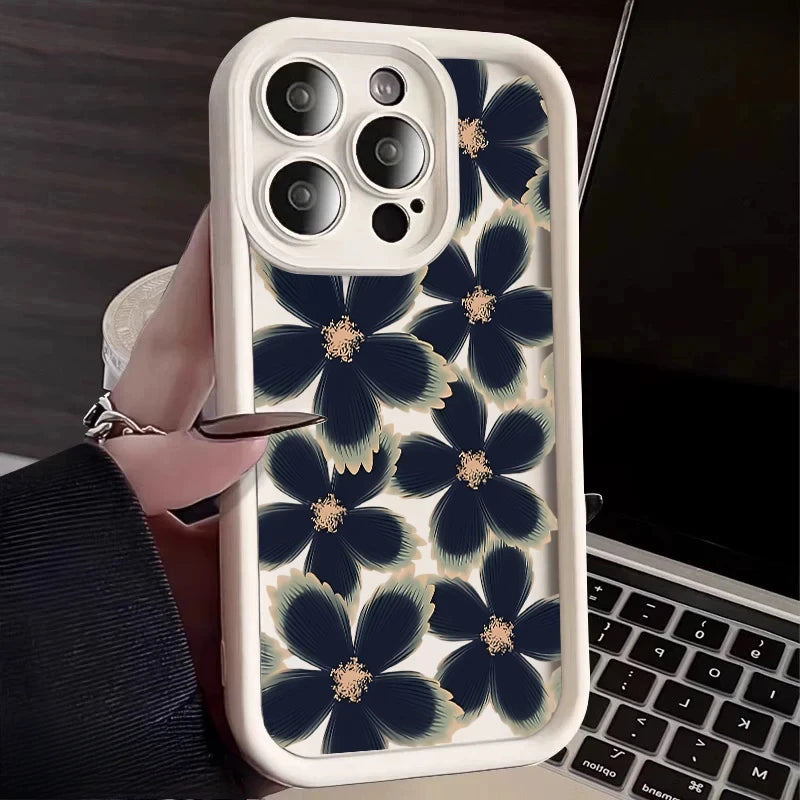 Black Rose Floral Painted Silicone Phone Case – Shockproof Softshell for iPhone 16 / 16E / 15 / 14 Pro Max / 16 Plus