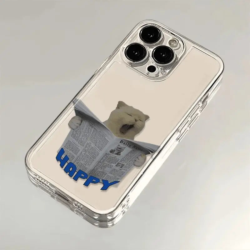 Funny Yawning Newspaper Cat Clear Phone Case for iPhone 16/15/14 Pro Max 16E – Soft Silica Protective Cover