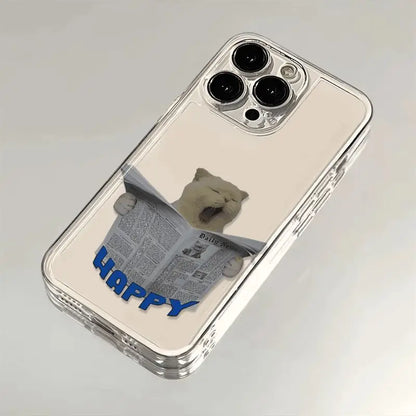 Funny Yawning Newspaper Cat Clear Phone Case for iPhone 16/15/14 Pro Max 16E – Soft Silica Protective Cover