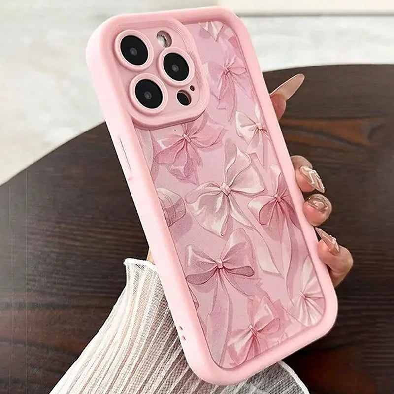 Pink Bow Pattern Silicone Phone Case for iPhone 17/16 Pro Max/15/14/13 – Cute Butterfly Charm Cover