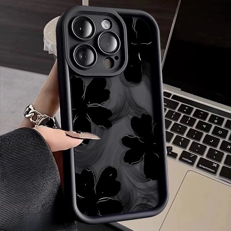 Black Rose Floral Painted Silicone Phone Case – Shockproof Softshell for iPhone 16 / 16E / 15 / 14 Pro Max / 16 Plus