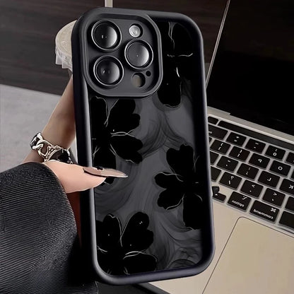 Black Rose Floral Painted Silicone Phone Case – Shockproof Softshell for iPhone 16 / 16E / 15 / 14 Pro Max / 16 Plus