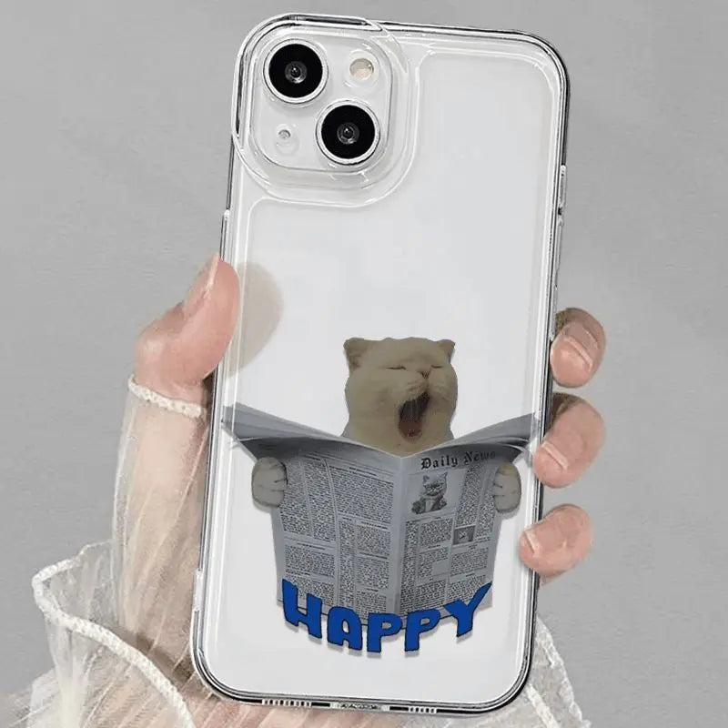 Funny Yawning Newspaper Cat Clear Phone Case for iPhone 16/15/14 Pro Max 16E – Soft Silica Protective Cover