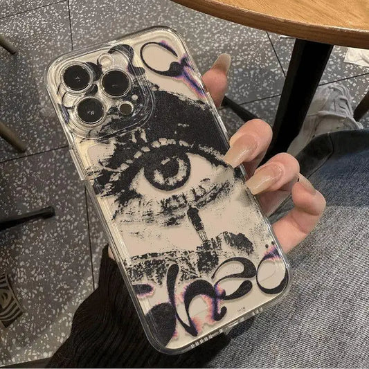 Niche Eye Graffiti iPhone Case – Transparent Shockproof Cover for iPhone 16 / 15 / 14 / 13 / 12 / 11 Pro Max / Mini / Plus