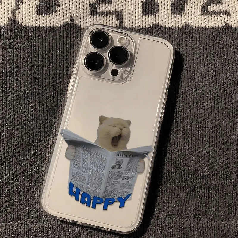 Funny Yawning Newspaper Cat Clear Phone Case for iPhone 16/15/14 Pro Max 16E – Soft Silica Protective Cover