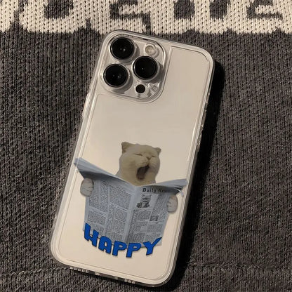 Funny Yawning Newspaper Cat Clear Phone Case for iPhone 16/15/14 Pro Max 16E – Soft Silica Protective Cover