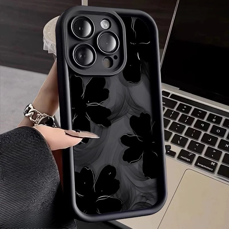 Black Rose Floral Painted Silicone Phone Case – Shockproof Softshell for iPhone 16 / 16E / 15 / 14 Pro Max / 16 Plus