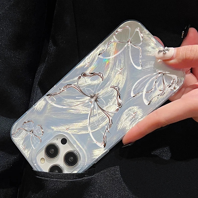 Luxury Laser Silver Butterfly Phone Case for iPhone 17/16/15/14/13 Pro Max – Stylish Shockproof Cover