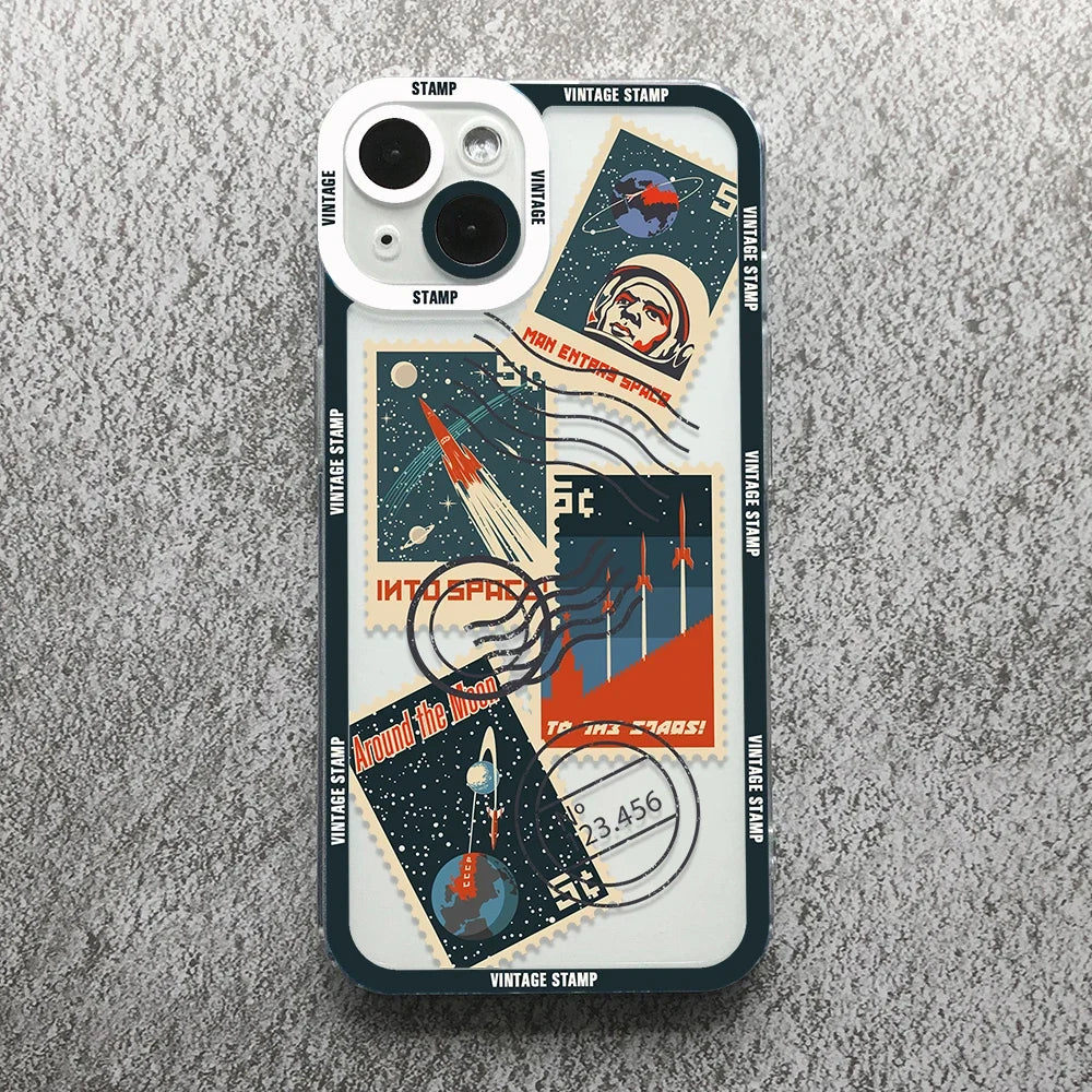 Vintage Stamp Puzzle Phone Case for iPhone 16/15/14/13 – Shockproof Silicone Cover Fundas.