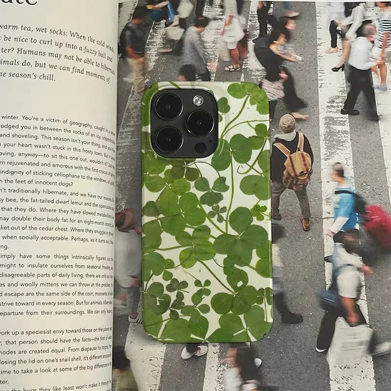 INS Korean Fresh Green Clover iPhone Case – Acrylic Protective Cover for iPhone 17 / 16 Pro Max / 15 / 14 Plus / 13 / 12 / 11 / Max / Mini
