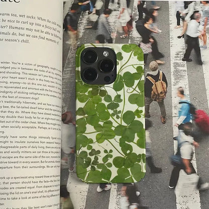 INS Korean Fresh Green Clover iPhone Case – Acrylic Protective Cover for iPhone 17 / 16 Pro Max / 15 / 14 Plus / 13 / 12 / 11 / Max / Mini