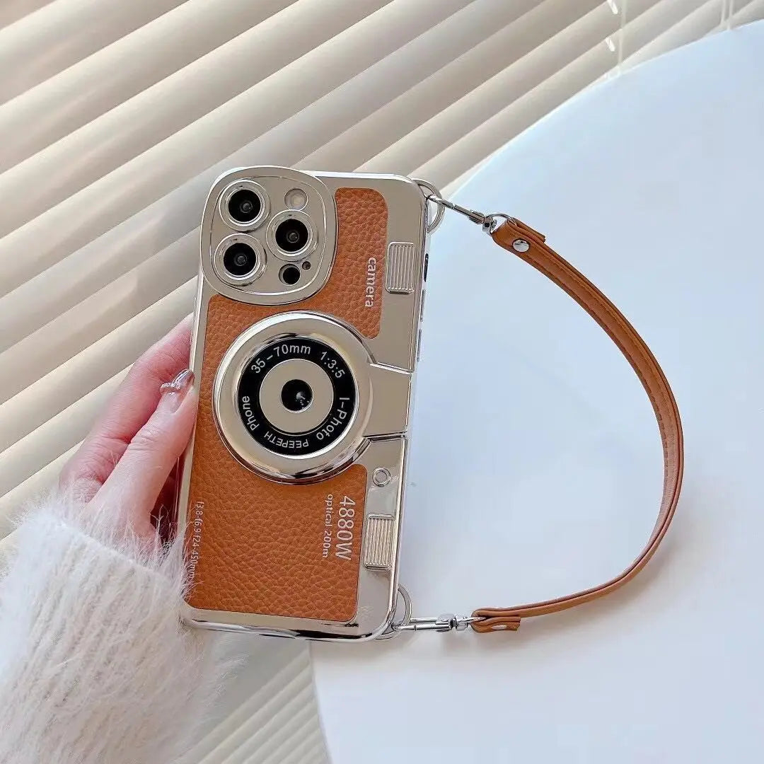 Luxury Retro Stereo Camera Case for iPhone 16/15/14 Plus Pro Max – Leather Pattern with Lanyard