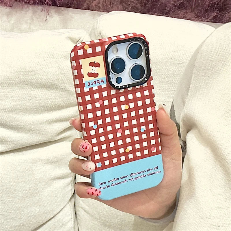 Korean Red Plaid Magnetic Phone Case – For iPhone 17 Pro / 16 Pro Max / 15 / 14 / 13 – MagSafe Stand & Holder Kawaii Case