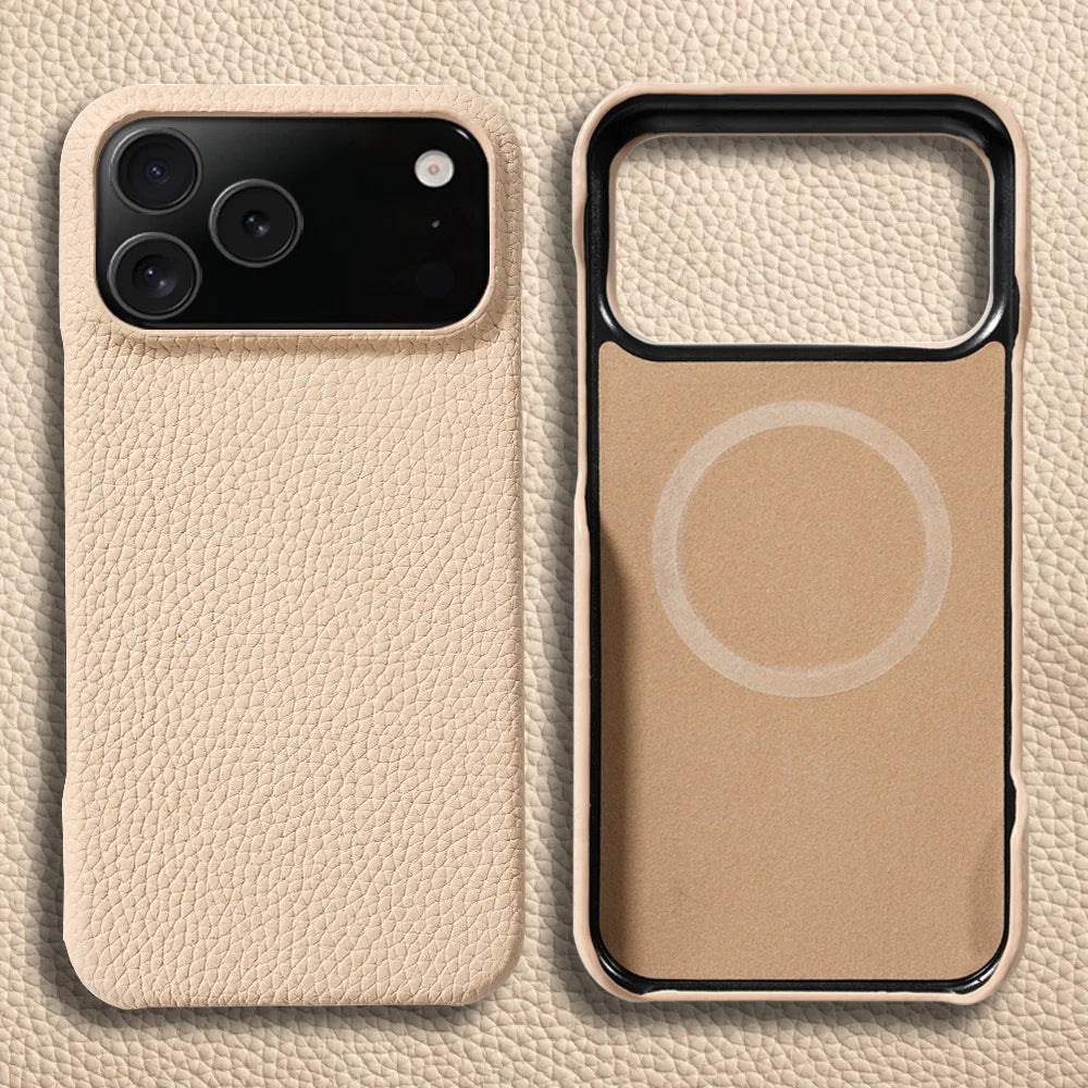 MagSafe Leather Case for iPhone 17 Pro Max/17 Air/16/15 – Luxury Lychee Natural Cowhide Magnetic Back Cover
