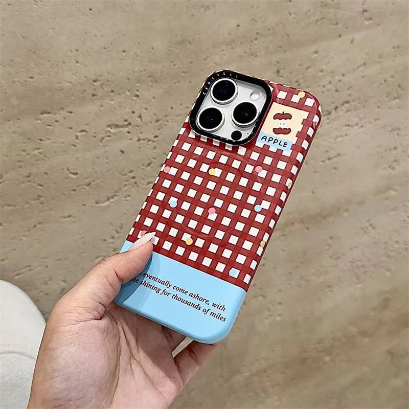 Korean Red Plaid Magnetic Phone Case – For iPhone 17 Pro / 16 Pro Max / 15 / 14 / 13 – MagSafe Stand & Holder Kawaii Case