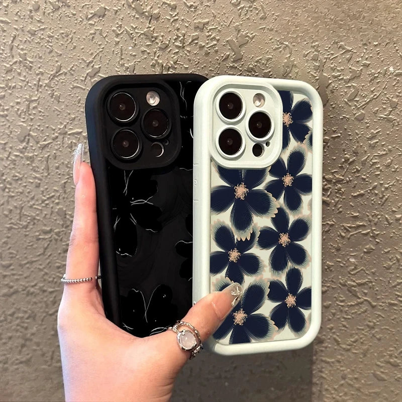 Black Rose Floral Painted Silicone Phone Case – Shockproof Softshell for iPhone 16 / 16E / 15 / 14 Pro Max / 16 Plus