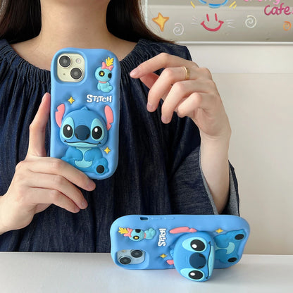 Cute 3D Cartoon Lilo Stitch Bracket Phone Case for iPhone 17 Air/16 Plus/15/14 – Soft Silicone Stand Holder Cover