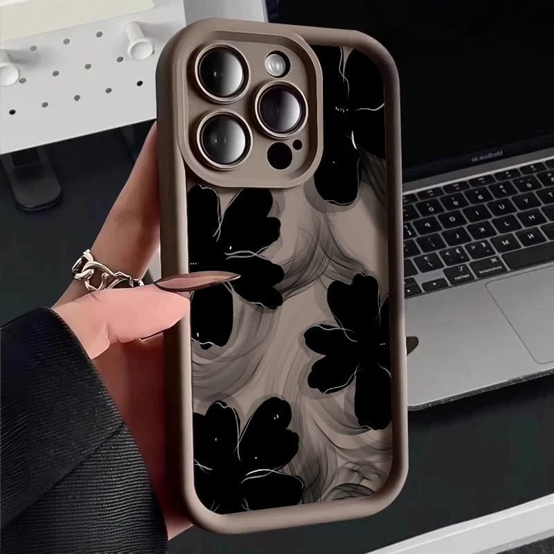 Black Rose Floral Painted Silicone Phone Case – Shockproof Softshell for iPhone 16 / 16E / 15 / 14 Pro Max / 16 Plus