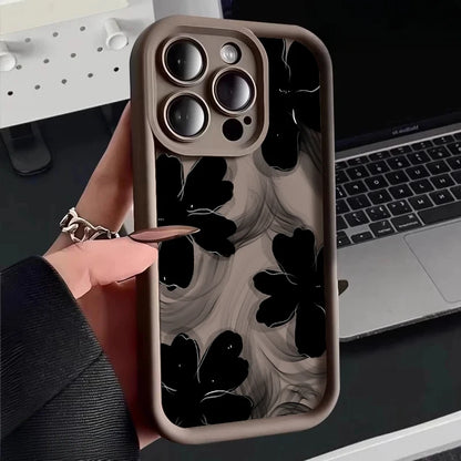Black Rose Floral Painted Silicone Phone Case – Shockproof Softshell for iPhone 16 / 16E / 15 / 14 Pro Max / 16 Plus