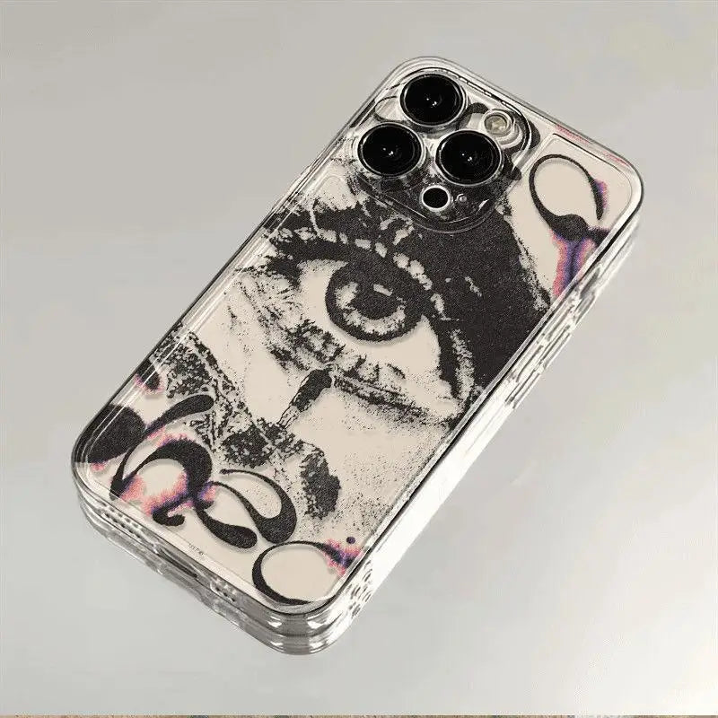 Niche Eye Graffiti iPhone Case – Transparent Shockproof Cover for iPhone 16 / 15 / 14 / 13 / 12 / 11 Pro Max / Mini / Plus