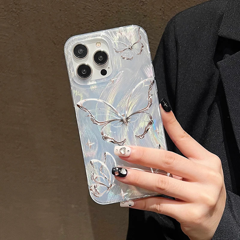 Luxury Laser Silver Butterfly Phone Case for iPhone 17/16/15/14/13 Pro Max – Stylish Shockproof Cover