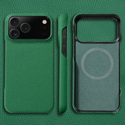 MagSafe Leather Case for iPhone 17 Pro Max/17 Air/16/15 – Luxury Lychee Natural Cowhide Magnetic Back Cover