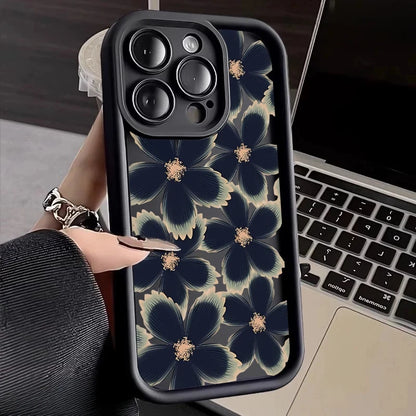 Black Rose Floral Painted Silicone Phone Case – Shockproof Softshell for iPhone 16 / 16E / 15 / 14 Pro Max / 16 Plus