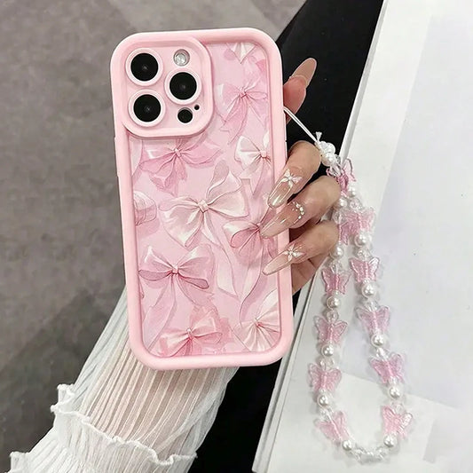 Pink Bow Pattern Silicone Phone Case for iPhone 17/16 Pro Max/15/14/13 – Cute Butterfly Charm Cover